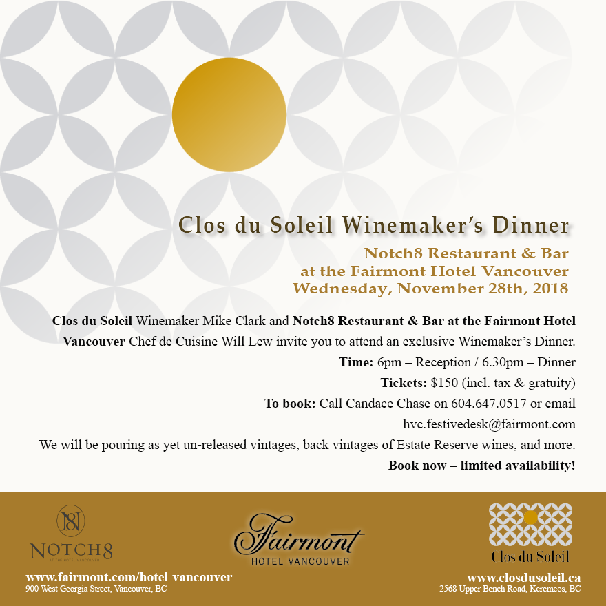 Winemaker's Dinner at the Fairmont, Nov 28 2018